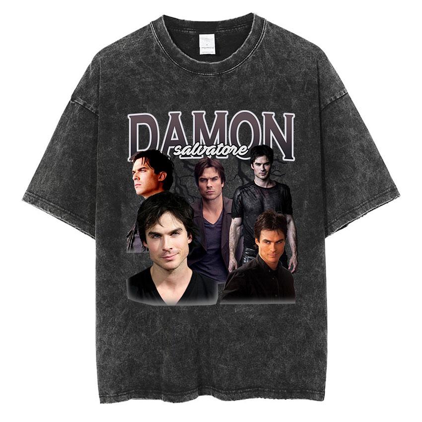 Damon Salvatore Grafica Vintage Lavata Maglietta Uomo Donna Abbigliamento Moda Harajuku T-Shirt Larga Oversize Manica Corta Magliette