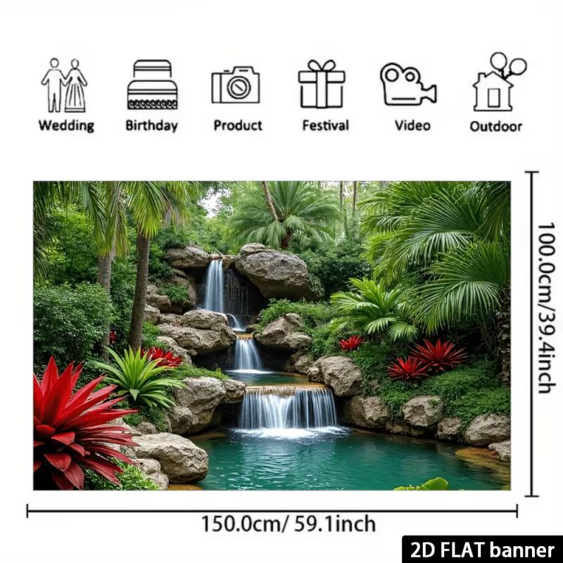 2D Dschungel Wasserfall Landschafts-Wandteppich, Tropischer Palmenbaum Hintergrund