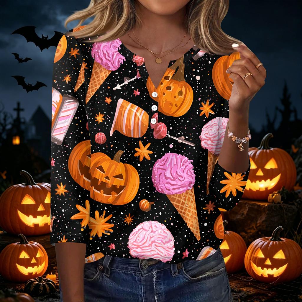 Women's Casual Halloween Print V Neck Button Front Three Quarter Sleeve T Shirt Top Lightweight Soft Fabric Comfortable Fit