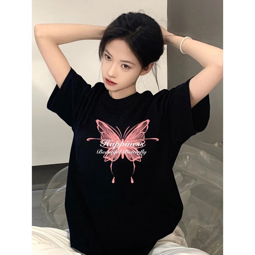 Pure cotton black short-sleeved women's t-shirt new popular summer unique design niche top loose t-shirt