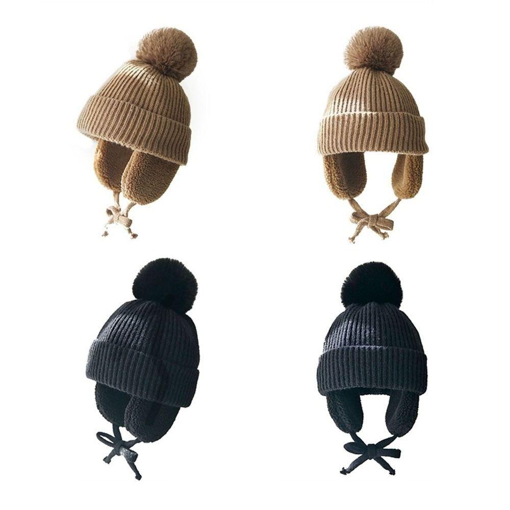 Ear Protection Pompom Beanie with Earflap Cartoon Wool Cap Thick Children Knitted Hat  Boy