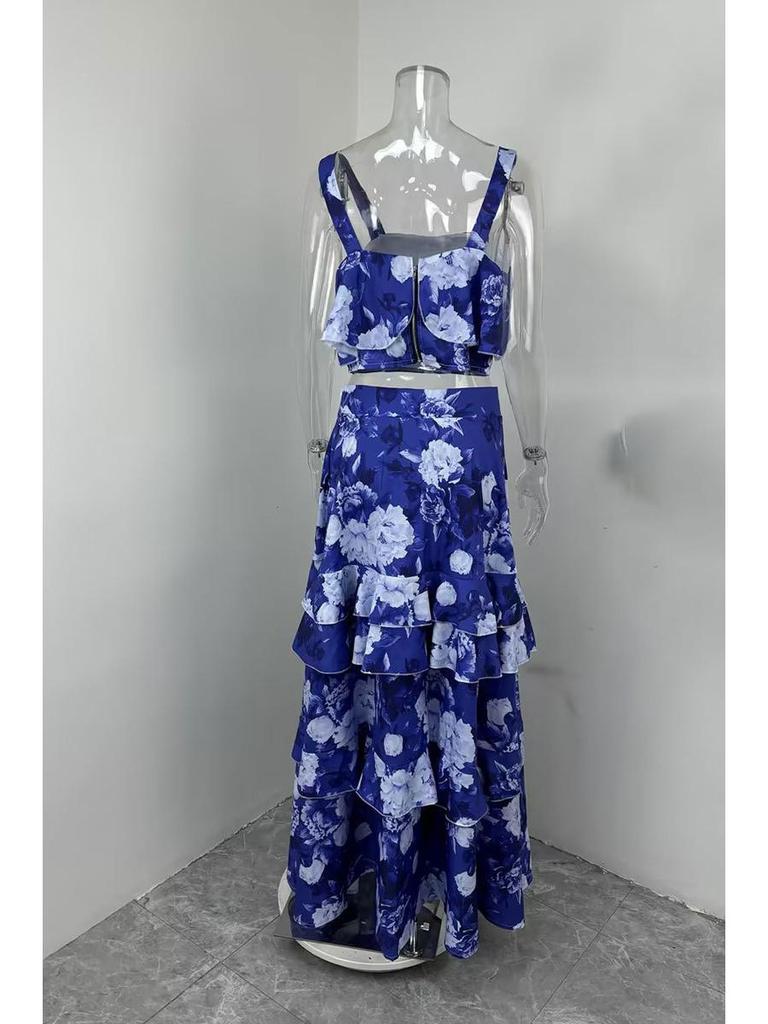 European & American Women's Resort Style Two-Piece Set: Printed Camisole Top with Layered Long Skirt. Perfect for Beachside Holidays.