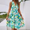 Women's Spring And Summer Casual V-Neck Sleeveless Waist Floral Print Midi Dress