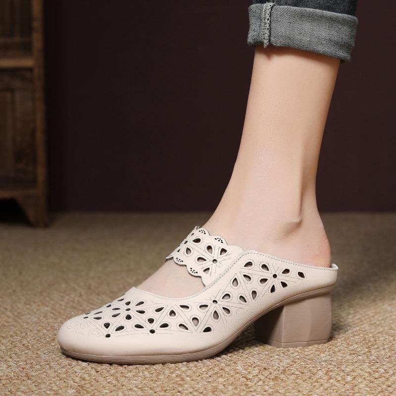 New summer first-layer cowhide cool slippers women's slippers wear fashionable and versatile retro bag head slippers