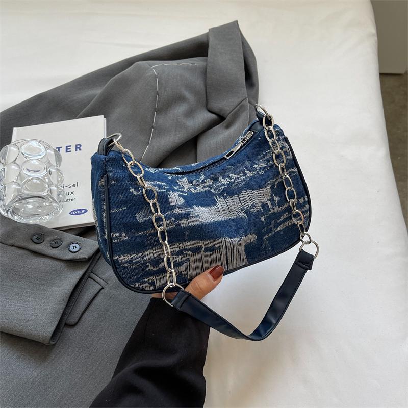 Retro Design Women's Chain Shoulder Bag Soft Denim Female Underarm Bag Handbags Fashi Ladies Small Square Tote Purse Bags