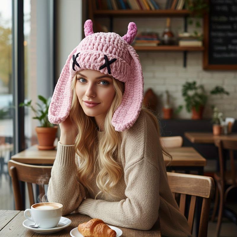 Miniso Fun Devil Novelty Women's Hat, Unique Street Style Long Ear Warm Beanie Hat for Men and Women