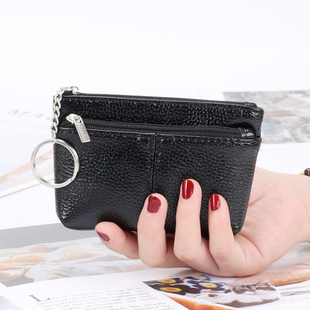 

Portable PU Leather Coin Purse Mini Zipper Leather Purses with Keychain Solid Color ID Credit Card Holder чёрный
