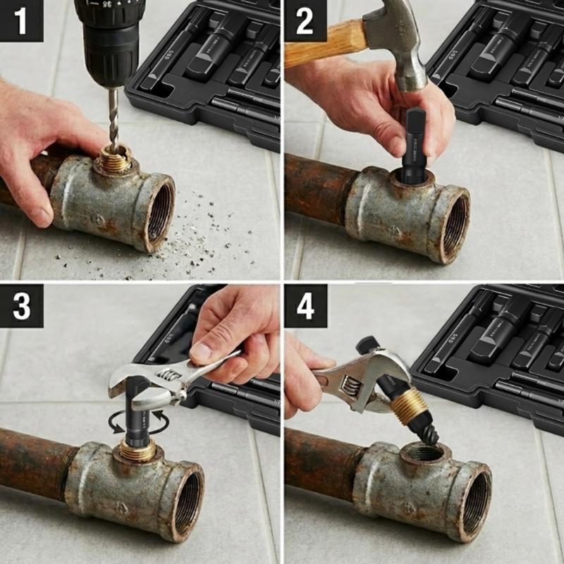 Heavy Duty Steel Broken Pipe Extractors for Removing Damaged Threaded Pipes with Storage Case for Plumbers Mechanics