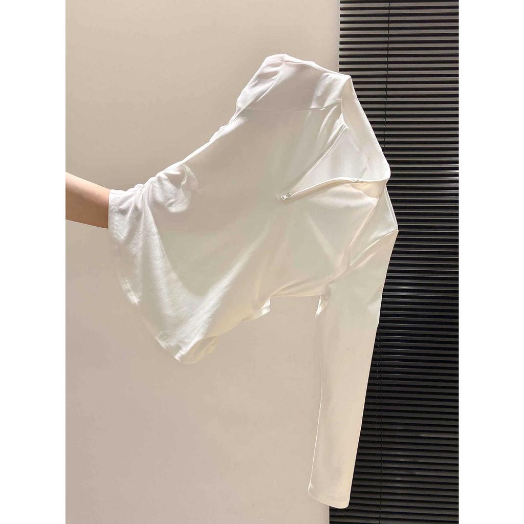 Women's Spring Fashion Long-Sleeve Top: Half-Open Collar, Zipper Style, Waist-Cinching Pleats, Regular Shoulder, Age-Reducing, Stylish Inner Wear
