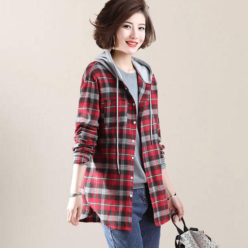 Spring and Autumn Women's Fashion Commuter Hooded Plaid Shirt Mid Length Spliced Cotton Shirt Versatile Comfortable Coat