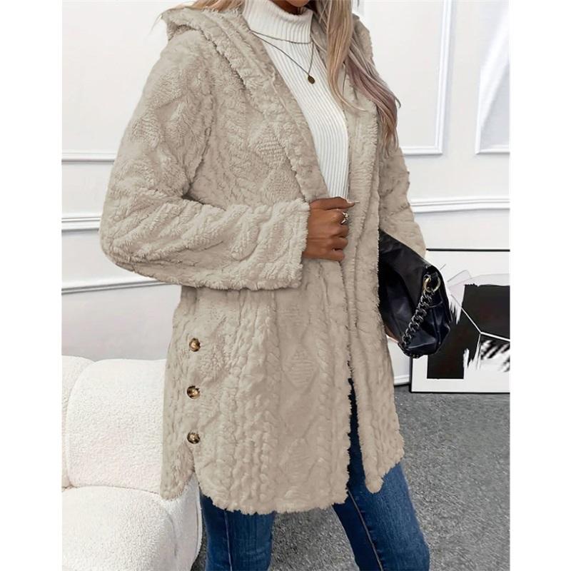

Women s Solid Color Fuzzy Hooded Coat Plush Open Front Jacket With Buttons 4XL абрикосовый