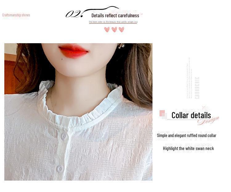 Spring & Autumn 2024 Women's Jacquard Cotton Shirt with Ruffled Collar - Fashionable & Versatile