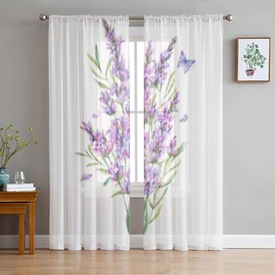 Watercolor Lavender Flowers Sheer Curtains For Living Room Bedroom Kitchen Tulle Curtain Home Decorative Sheer Panels