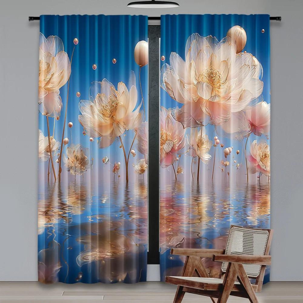Flat Printing Window Drapes Floating Floral Dreamscape Digital Printed Polyester Family Party Use Event Curtains Set Of 2 Made