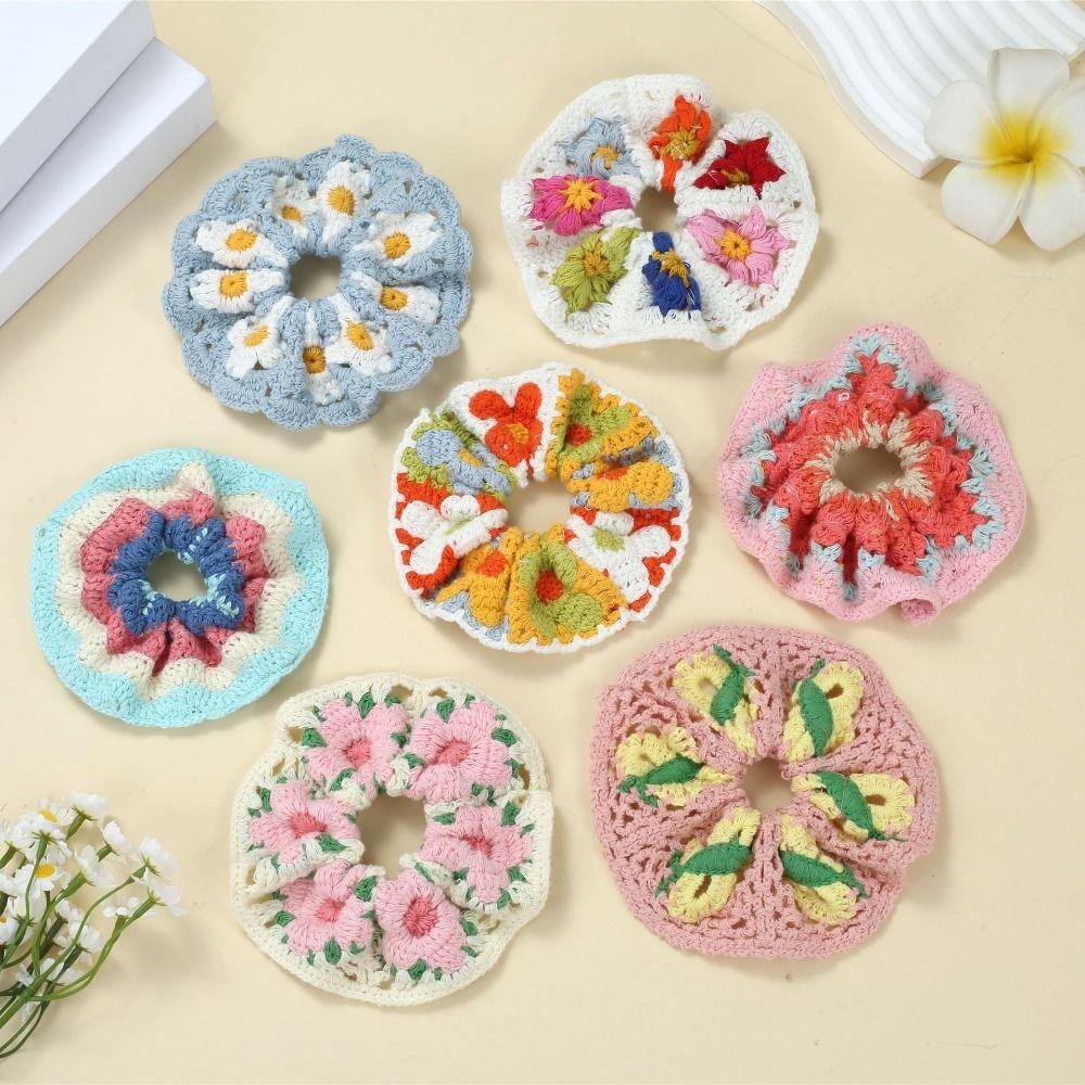 Süße Bohemian-Stil Häkelblumen Scrunchies Flores Elastisches Süßes Haargummi Gewebtes Buntes Strick-Haarseil Kopfschmuck