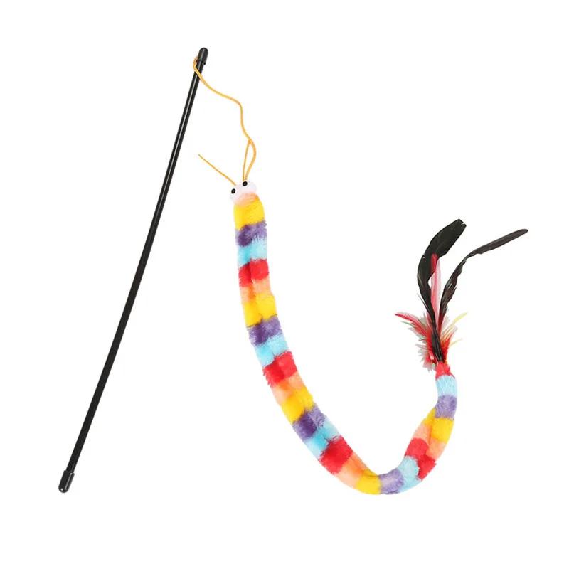 Rainbow Caterpillar Cat Teaser Toy Interactive Plush Wand with Feathers for Kittens Indoor Play