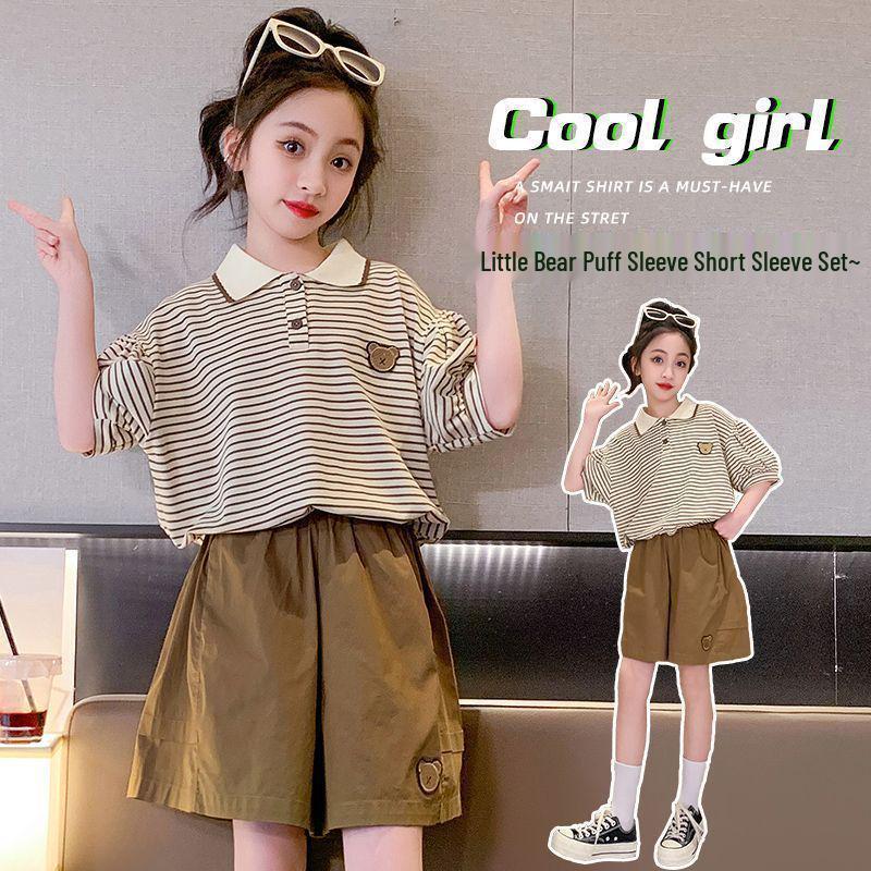 2026 New Korean Style Girls Striped Lapel Short Sleeve Two-Piece Casual Sport Set 130 cm