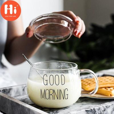 Hi 350 ml hitzebeständiges Glas mit Henkel, Milchbecher, Frühstückstasse, Mikrowellenbecher, rund, lustige Einzeltasse, weißer Buchstabe mit rundem Deckel