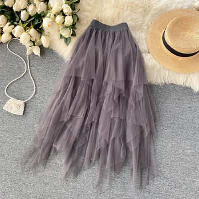 Jupe A-line irrégulière taille haute en maille Printemps et Été Jupe coréenne à volants Jupe vaporeuse Mode