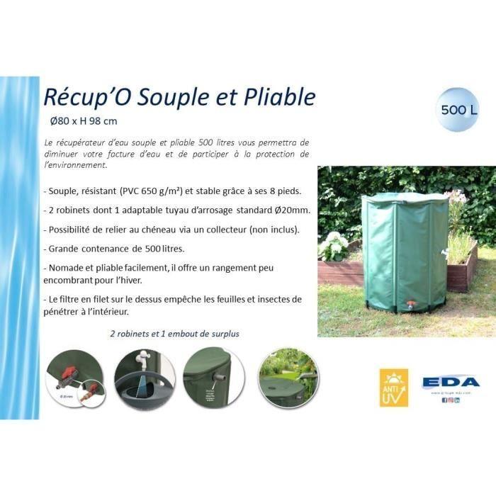 EDA - Récupérateur D'eau Souple Et Pliable 500 L - Avec Filtre En Filet + 2 Robinets - Résistant Aux Intempéries - Ø 80 X H.98 Cm
