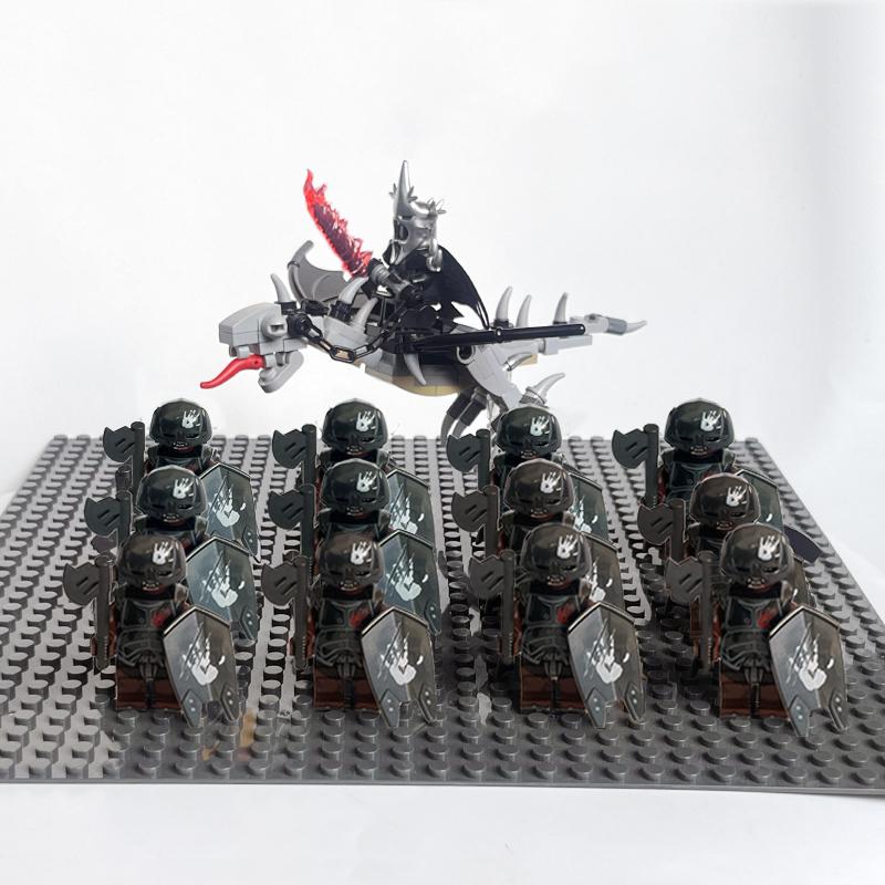 14pcs MOC Medieval Dwarf Warrior Elves Knights LotR Uruk-hai Orc Rohan Soldier with Witch King Leader Figure Building Block Toys
