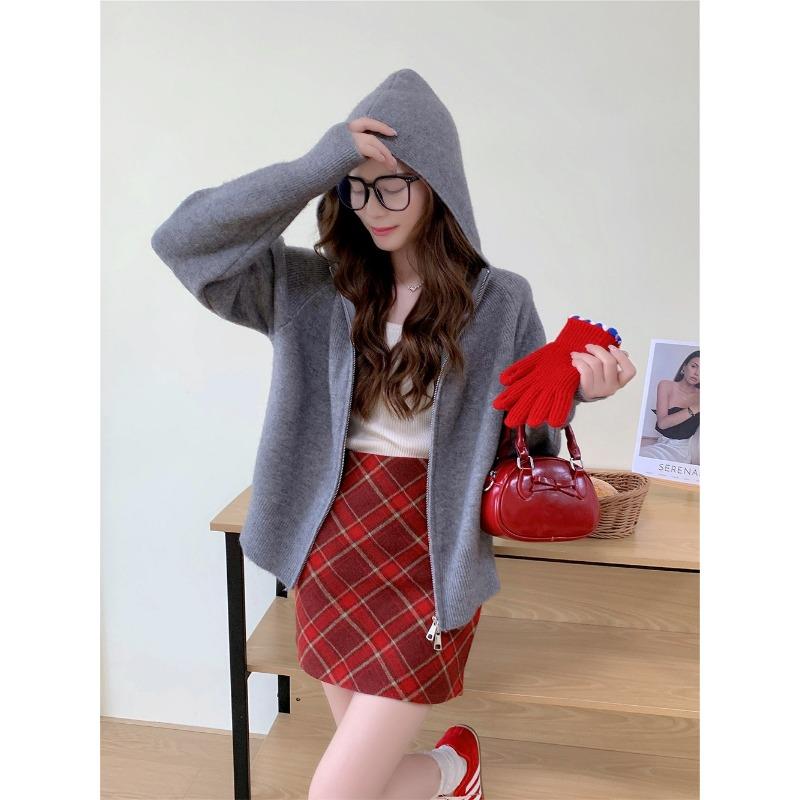 Autumn and winter new loose lazy soft waxy hooded double zipper knitted cardigan women's simple casual versatile sweater jacket