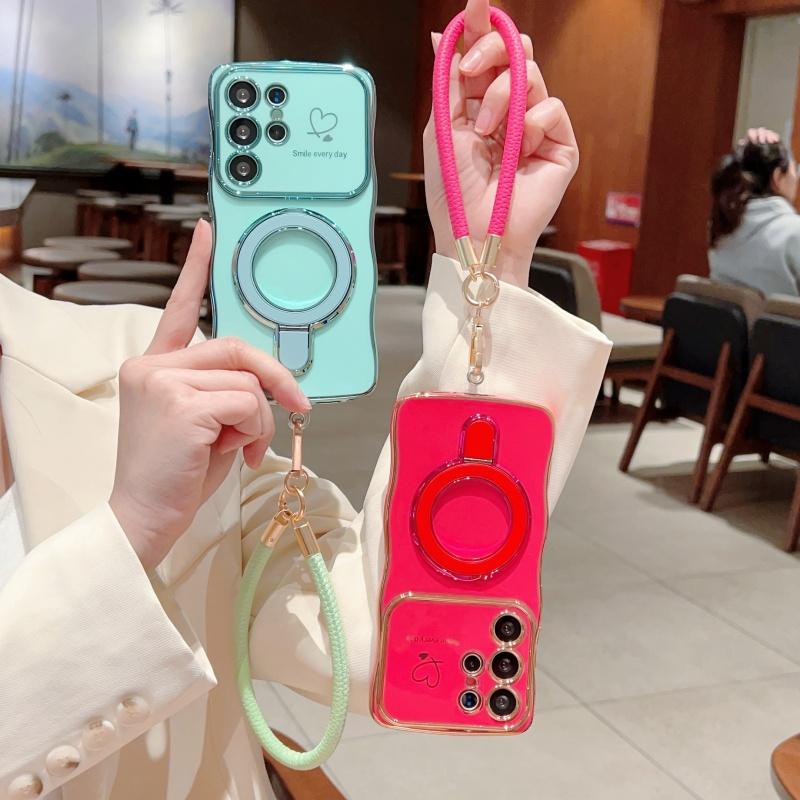Wavy Frame Wrist Strap Phone Case for Samsung Galaxy S22 S23 S24 S25 Ultra Plus Edge A55 A54 A56 A36 A24 Silicone Soft Protective Cover Magnetic Stand