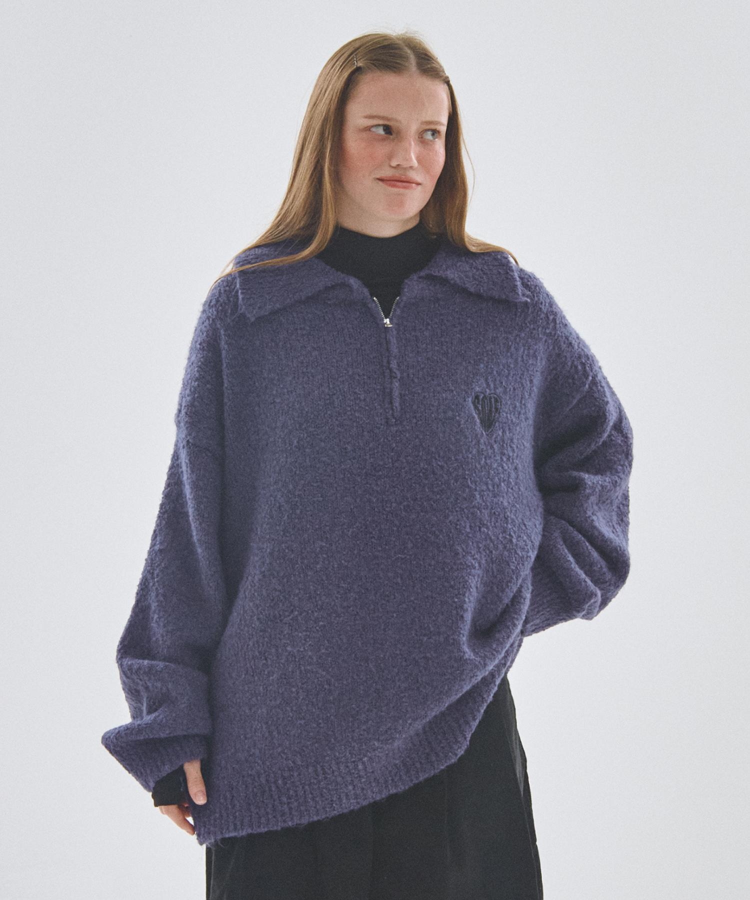 Some Place Washable Half Heart Logo Embroidered Half-Zip Knit Oversized [Blue] Blue/Free