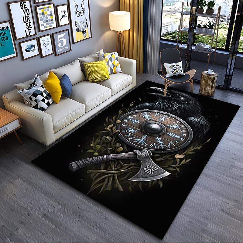 Spiritual Area Rug, Viking Raven Shield Axe Rune Wood Nature Poster, Living Room Decor, Non-Slip Mat