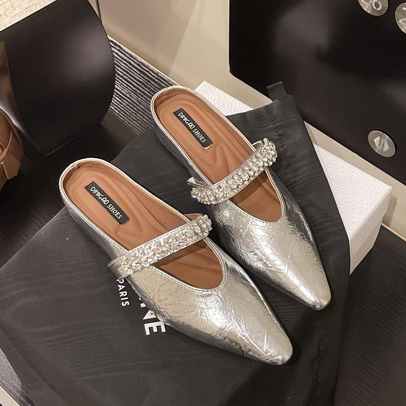 

Винтажные женские туфли-мюли с кристаллами на весну и лето, модные неглубокие туфли-лодочки с заостренным носком 38 серебряный
