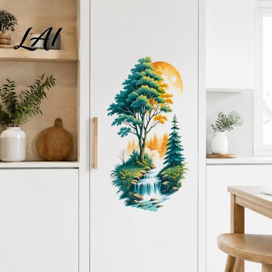 DIY Nature Theme Room Accents Mountain Forest Waterfall Scenery Wall Sticker PVC Waterproof Mural Peel And Stick Art Bedroom Living Decorations