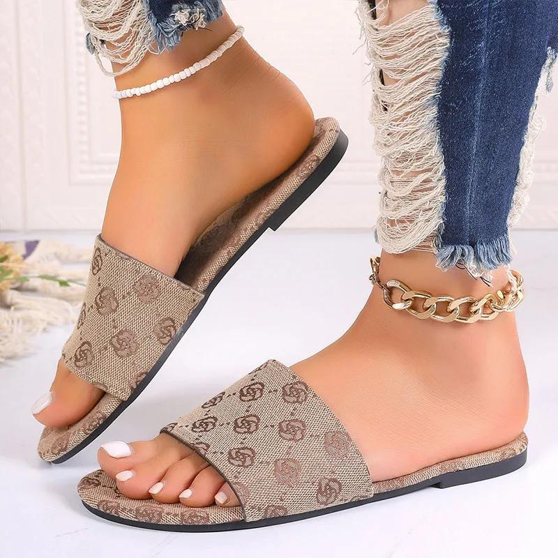 

Жіночі шльопанці на плоскій підошві/3,5 см, з квітковим принтом, на платформі, модні слайди з широким ремінцем, вишиті квіти, тканинні шльопанці, жіночі домашні шльопанці EUR 42