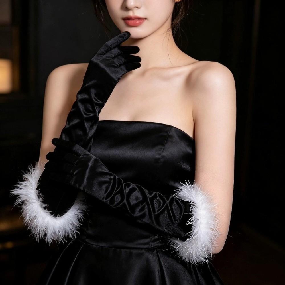 Elbow Length Satin Long Gloves Feather Trim Elbow Length Gloves Feather Trim Gloves Cosplay