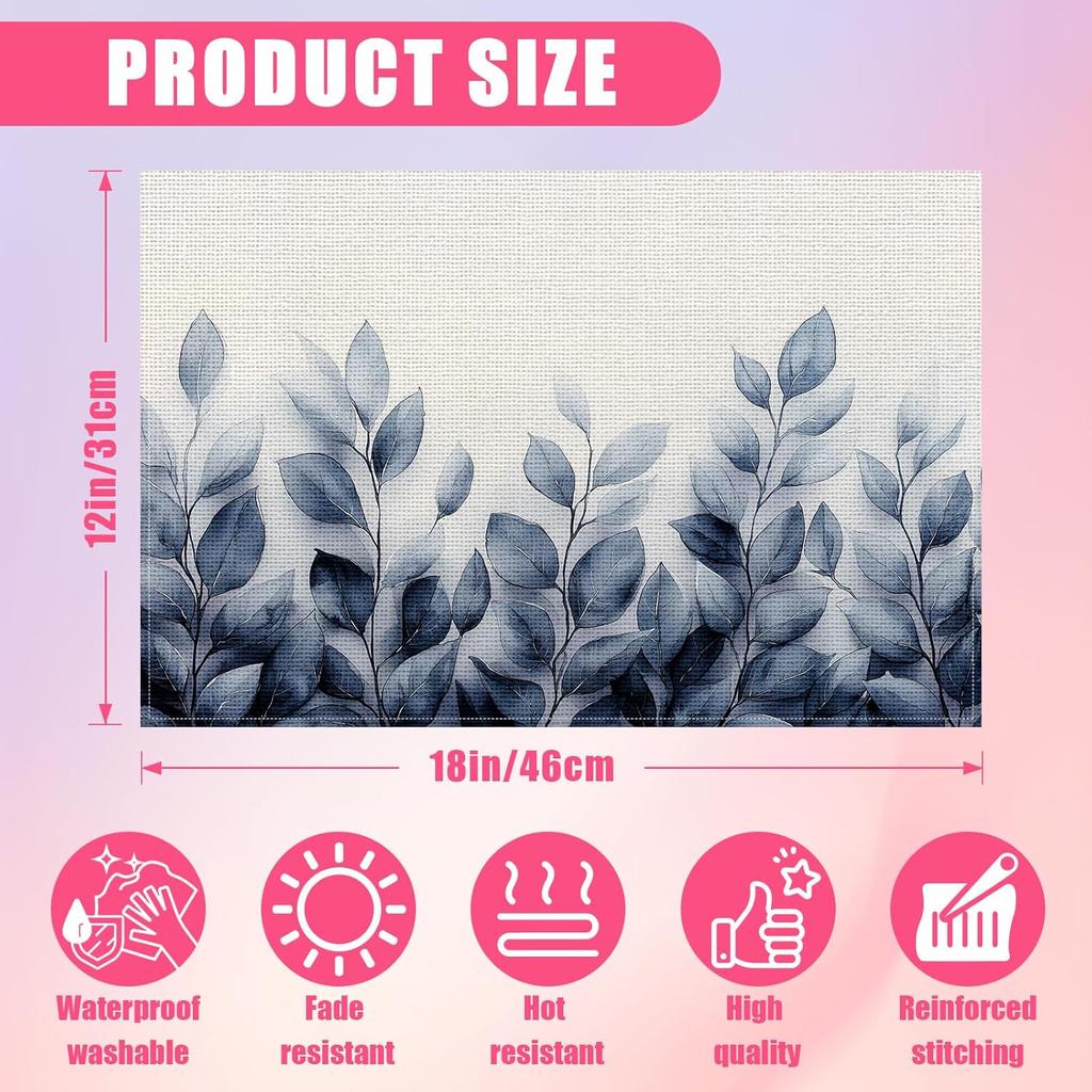 Spring Blue Leaves Placemats Set of 6,12x18 Inch Eucalyptus Leaves Linen Place Mat Washable Stain Resistant Table Mats