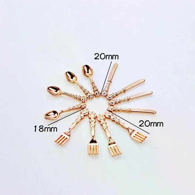 12Pcs/set Vintage 1:12 Dollhouse Miniatures Tableware Mini Cutlery Knife Fork Spoon Childrens Toy For Doll House Decor