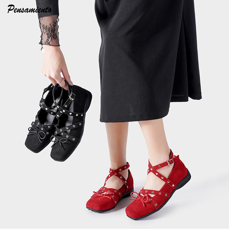 Spring Autumn Rivet Strap Buckle Faux Suede Bowknot Women Ballet Flats Mary Janes Walking Loafers Casual Girls Shoes