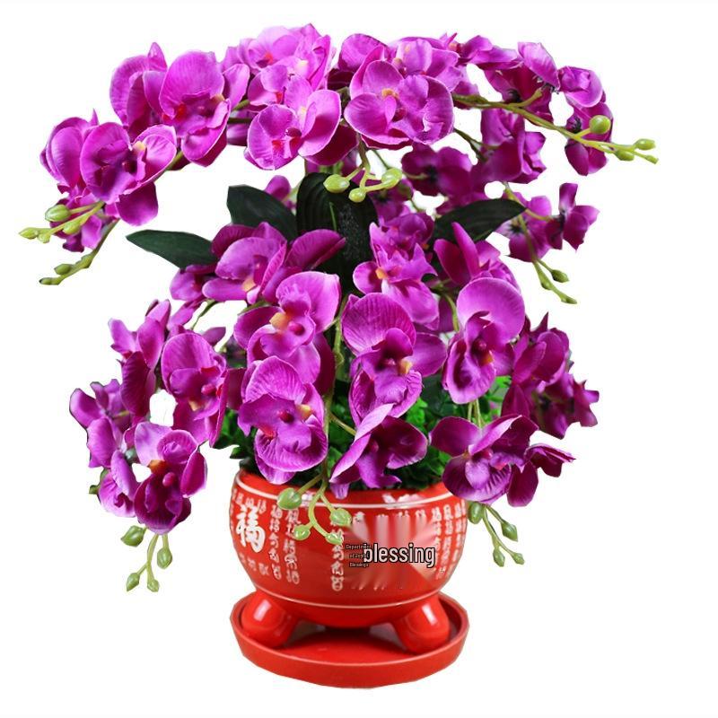 Phalaenopsis Silk Flower Arrangement in Red Ceramic Pot for Indoor Decoration or Weddings