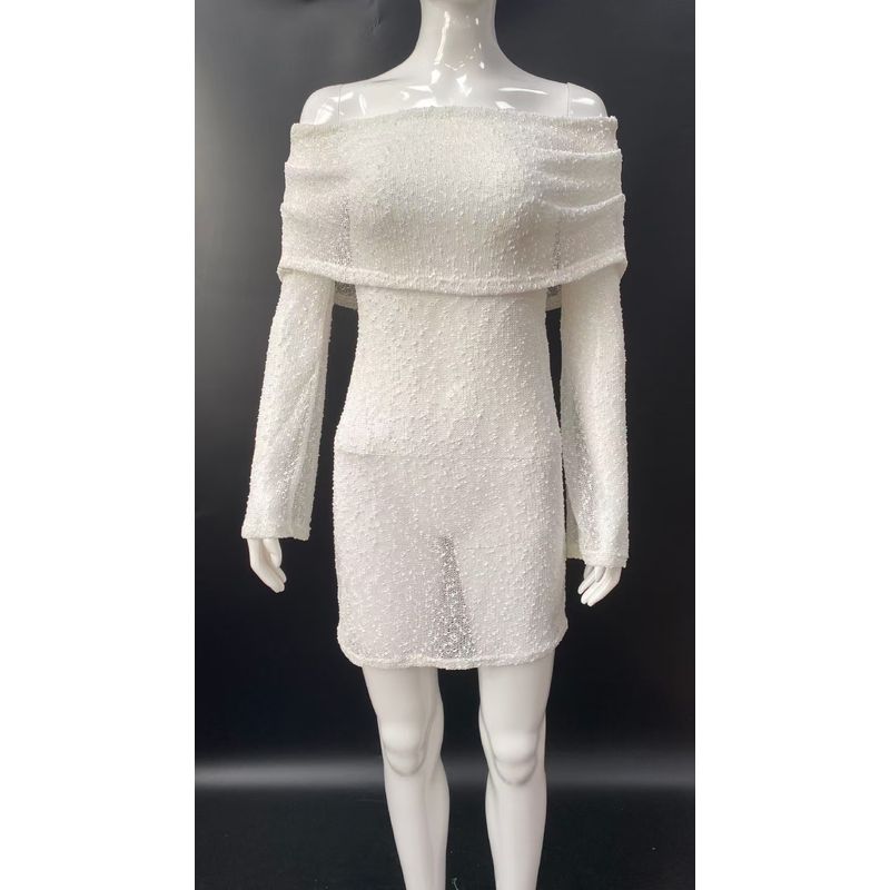 

European and American Sexy Knitting Hollow out See-through off-Neck Beach Dress Sexy Knitted Hollow Dres White L