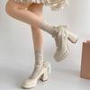 Butterfly-knot Thick Heel Women Mary Jane Shoes Fashion Pearl Ankle Strap Shoes Ladies Outdoor Dress Pumps