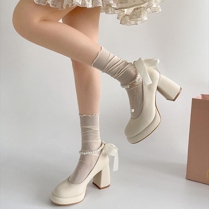 Butterfly-knot Thick Heel Women Mary Jane Shoes Fashion Pearl Ankle Strap Shoes Ladies Outdoor Dress Pumps