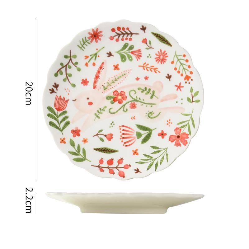 8 Zoll Bunter Hase Speiseteller Unterglasur Keramik Speisegeschirr Dessert Flache Platte Blume Häschen Geschirr Mikrowellengeeignet