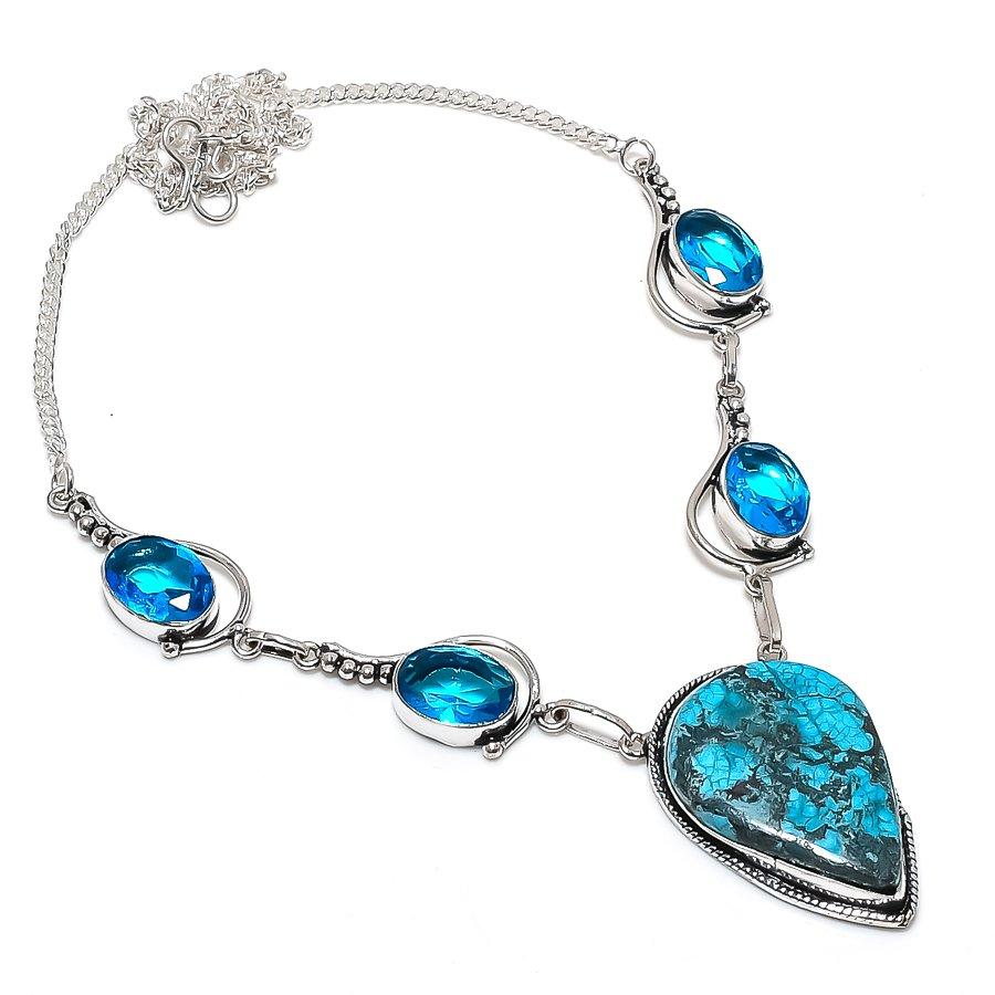 Natural Tibetan Turquoise, Topaz 925 Sterling Silver Jewelry Necklace 18" b3y64