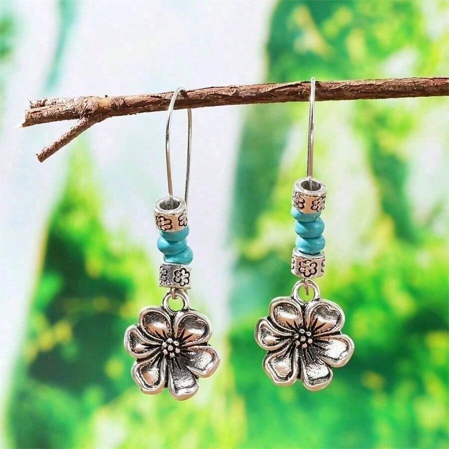 Boho Floral Beaded Dangle Earrings, Vintage Colorful Beads Creative New Fashion Elegant Party Jewelry Gift