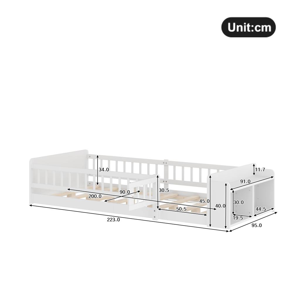 Kinderbett Bodenbett 90x200cm Rausfallschutz Lattenrost Zaun Stauraum Ablagen Holzgestell Jugendbett 200kg belastbar