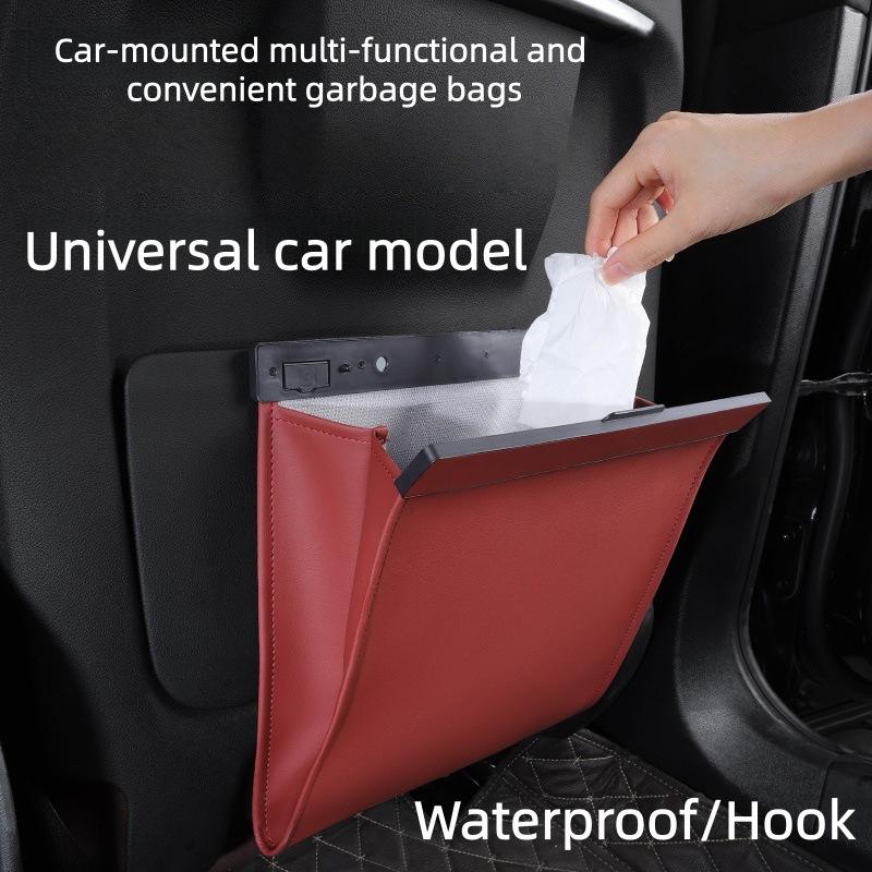 Car Leather Garbage Storage Bag Rear Seat Back Hanging Magnetic Folding Storage Bag Car Interior Supplies