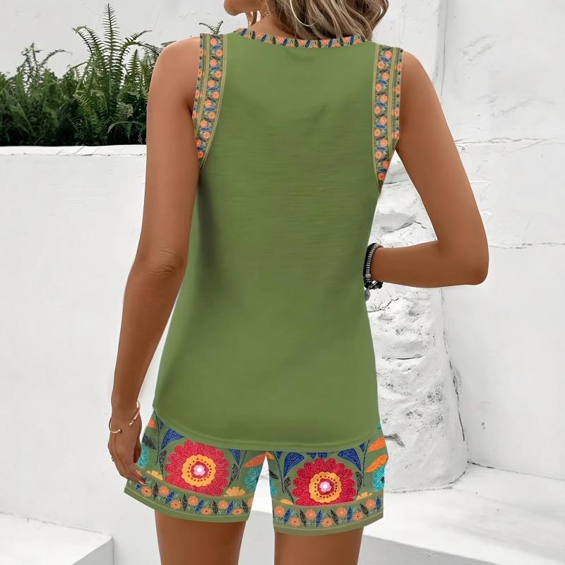 Conjunto de Pantalones de Moda para Mujer Primavera/Verano Chaleco sin Mangas Estampado y Shorts Conjunto de Dos Piezas