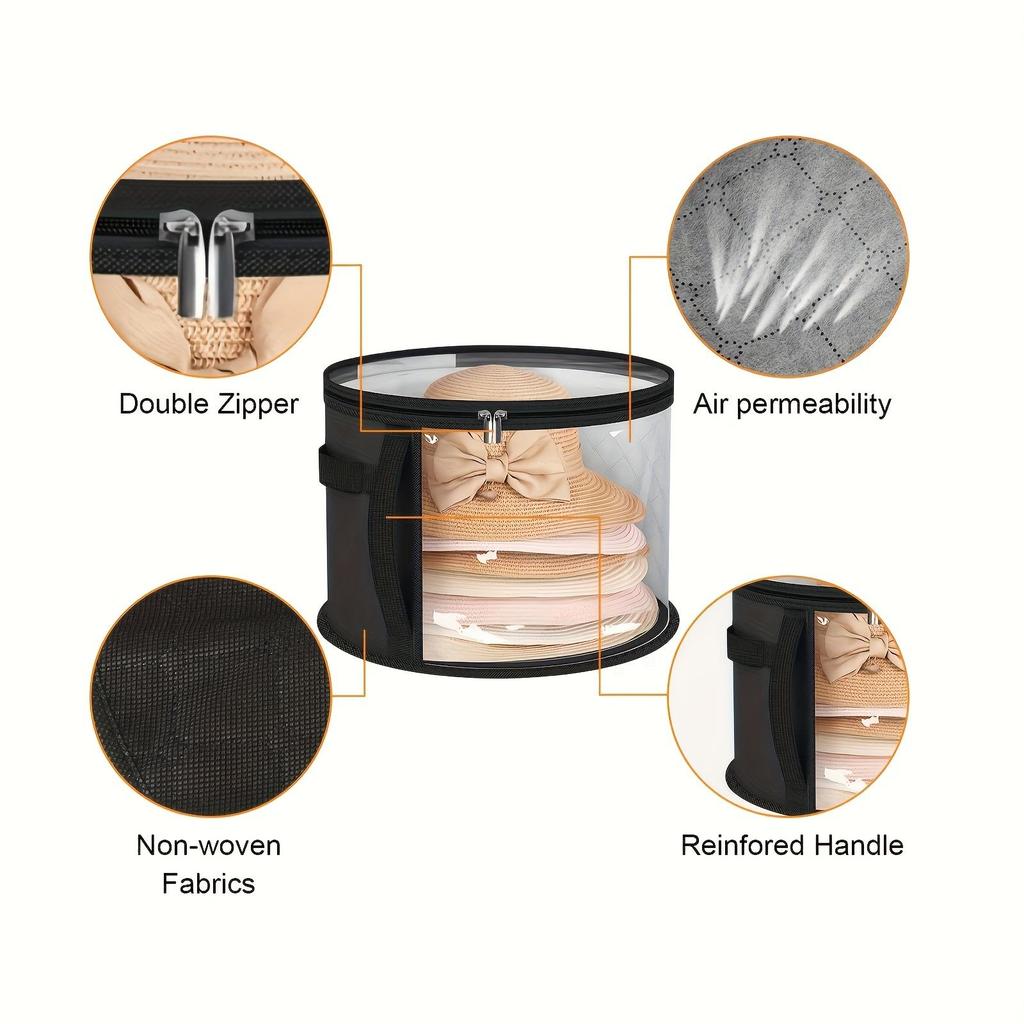 [Odolný | Skládací] Skládací Průhledný Úložný Box na Klobouky s Černými Mašličkami | Odolná a Kulatá Nádoba se Zipem a Madlem