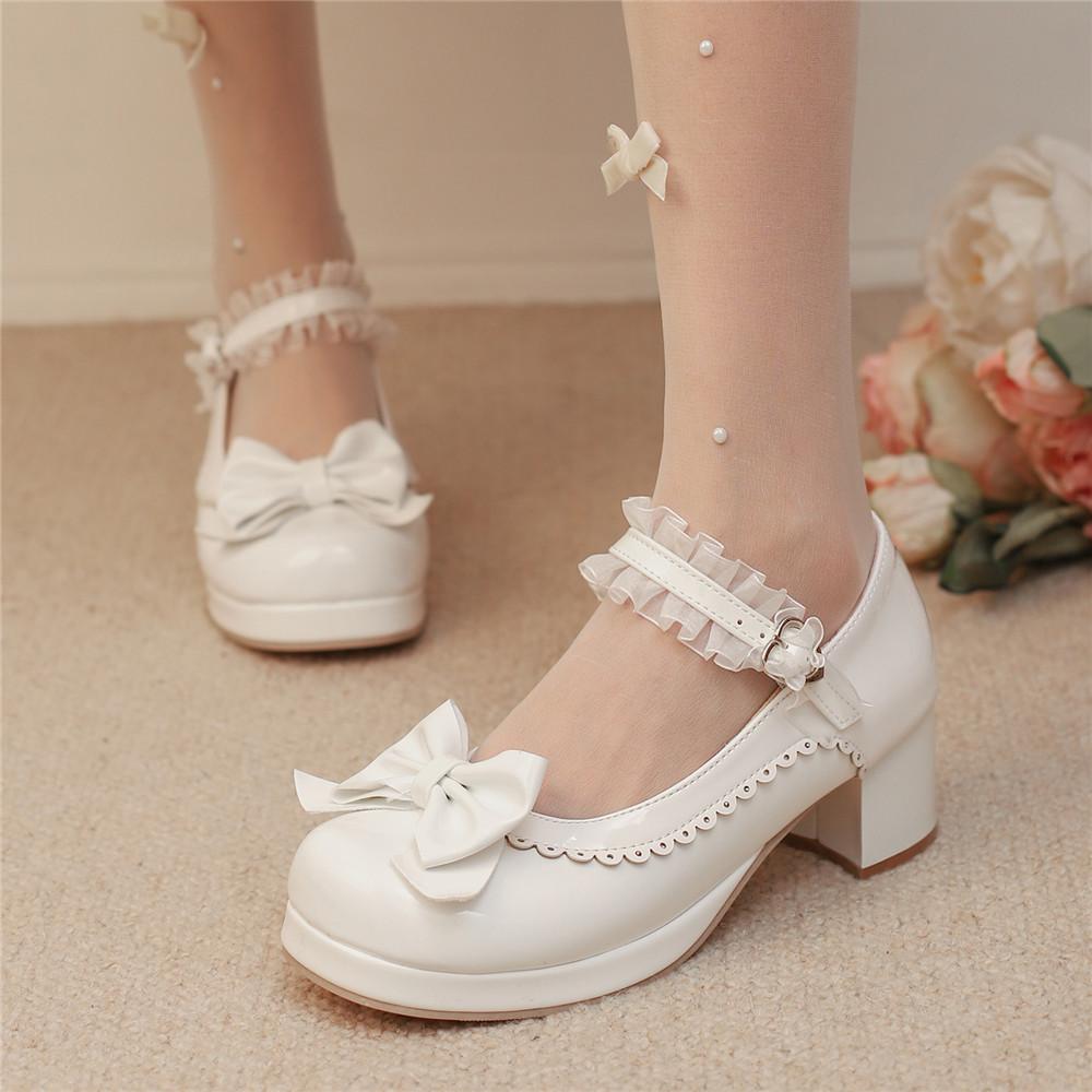 Fashion Woman Med Heel Lolita Shoes Patent Leather Patchwork Cute Bow Mary Jane Pumps Bride Wedding Cosplay Party Pink Black Size 31-48