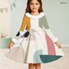 Girls High Neck Long Sleeve Geometric Printed Fuzzy Trim Bow A Line Flared Dress