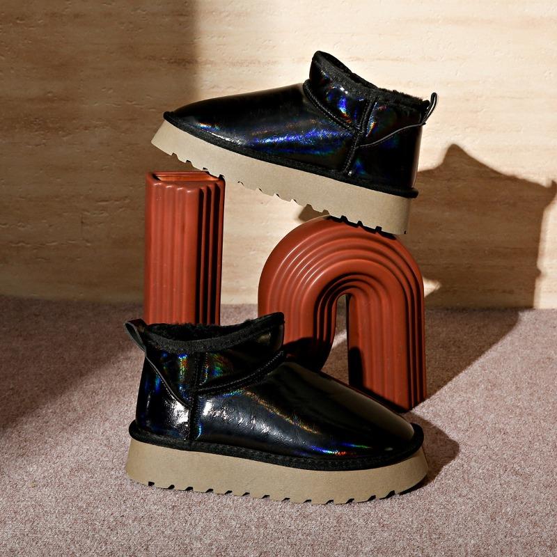 Women's Thick Snow Boots Winter New Round Head Bright Leather Sleeve Warm Non-slip Cotton Shoes